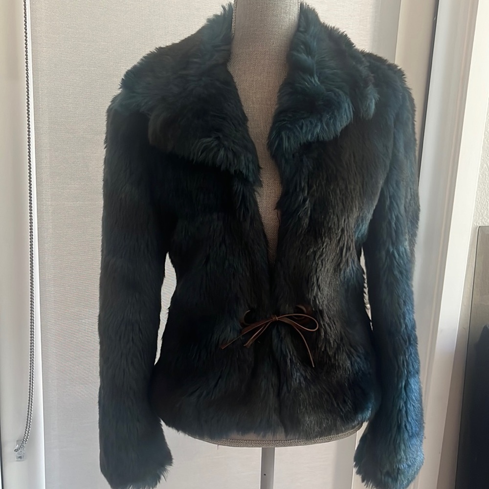 Gorgeous Faux Fur Miss Sixty Jacket , leather tie closure Blue , SZ M